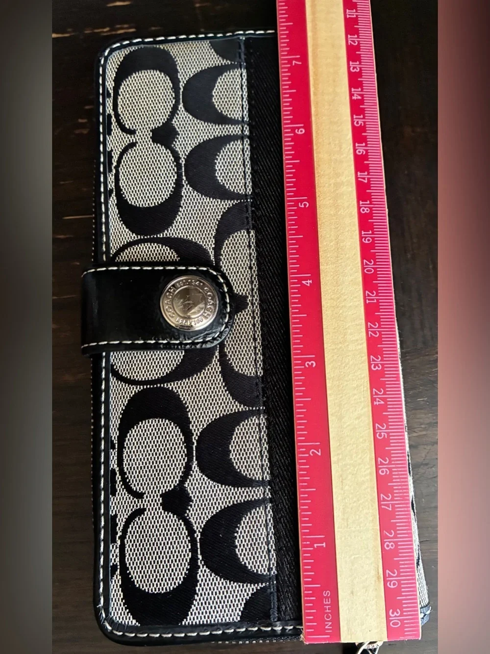 Coach Black and Cream Signature Snap Wallet